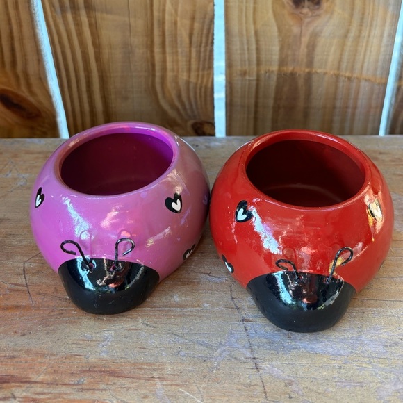 Set of 2 Rocket Farms Lovebugs Ladybugs Mini Planters Purple & Red with Hearts - Picture 3 of 8